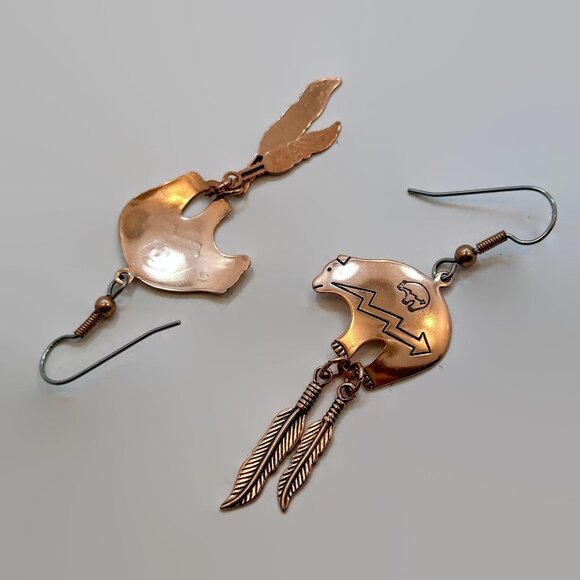 Bear Earrings, Copper, Feather, Native American Style, Vintage - Picture 2 of 2